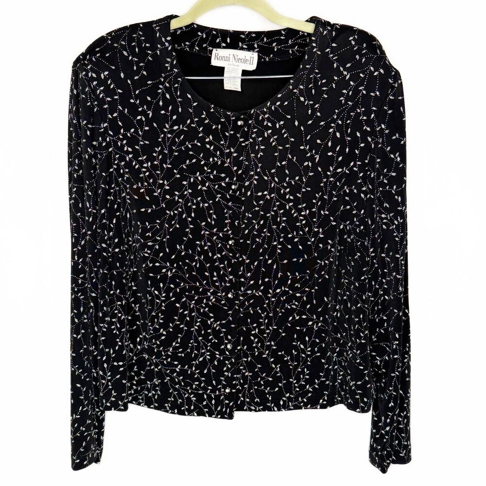 Vintage Ronni Nicole Black Glitter Floral Silver Holo Sparkle Button Up‎ Top 18W